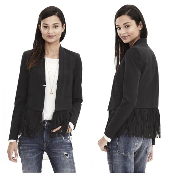 Banana Republic Women's Chiffon Fringe Blazer Black Size 16 - Picture 1 of 10